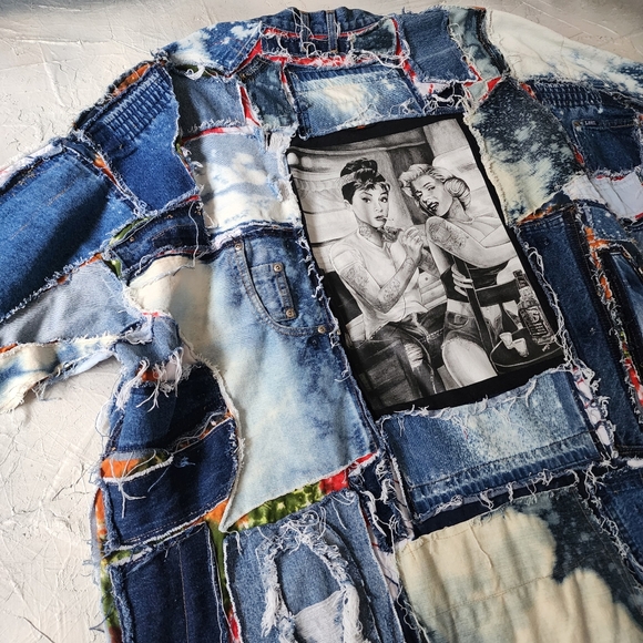 Bohemian Kimono Upcycled Vintage Denim Concept Tattoo Marilyn Monroe Patchwork - Picture 12 of 16